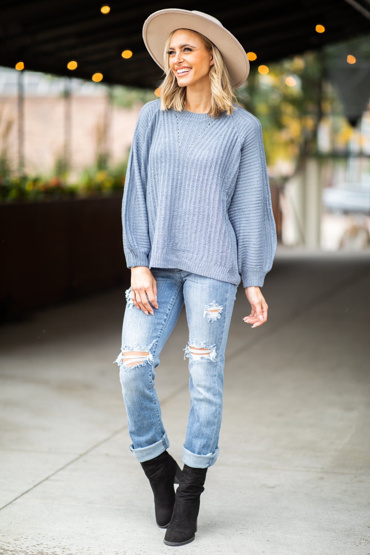 Dusty Blue Raglan Sleeve Sweater - Filly Flair