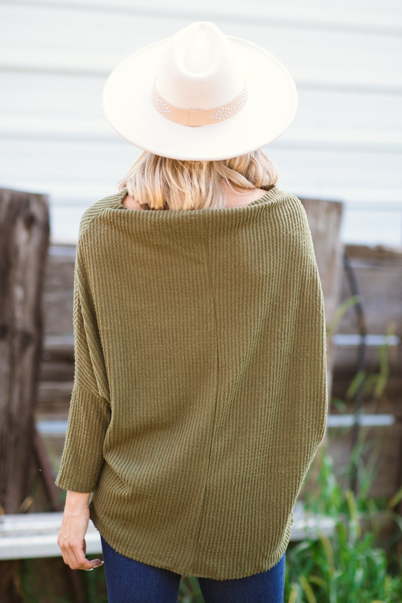 Olive Waffle Knit Boatneck Top - Filly Flair
