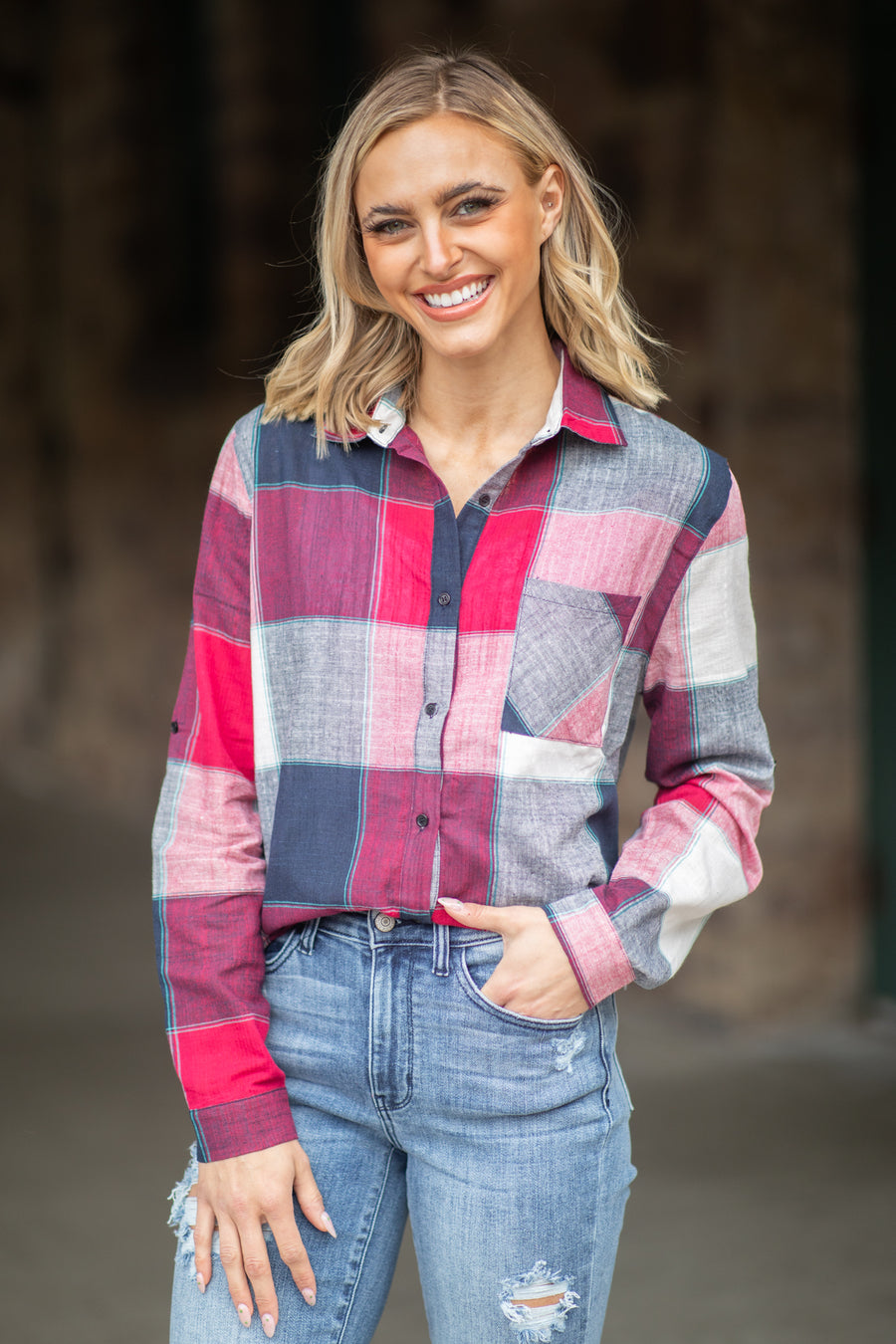 Berry and Navy Plaid Button Up Top - Filly Flair