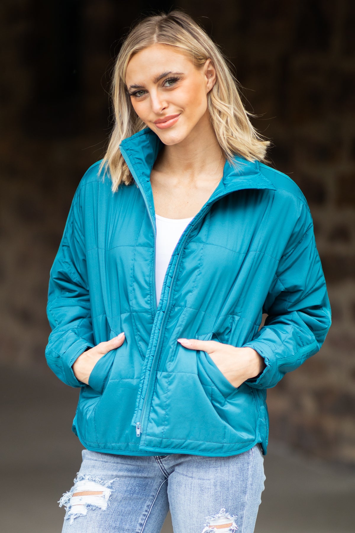 Teal Quilted Funnel Neck Jacket · Filly Flair