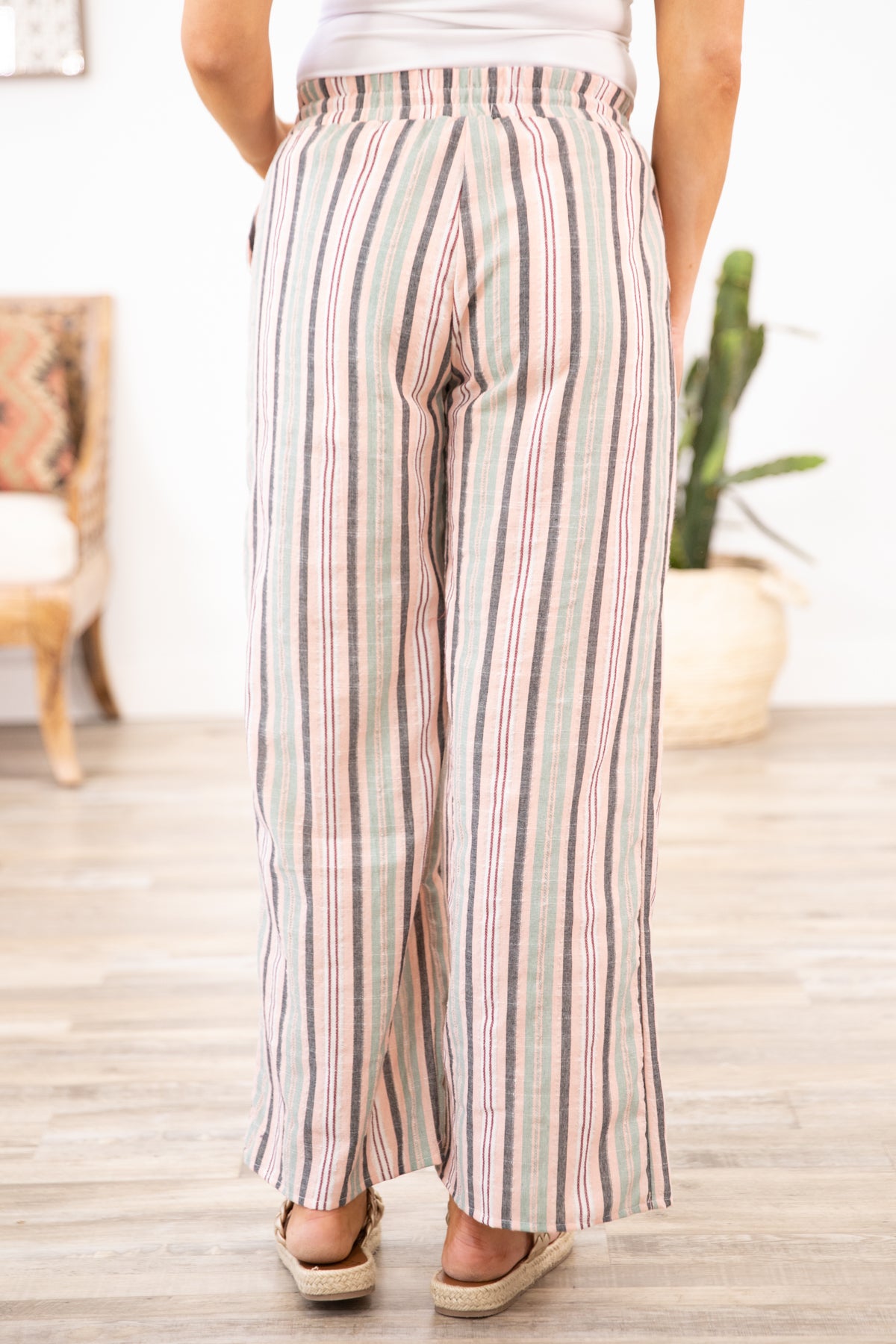 Sage and Blush Stripe Elastic Waist Pants - Filly Flair