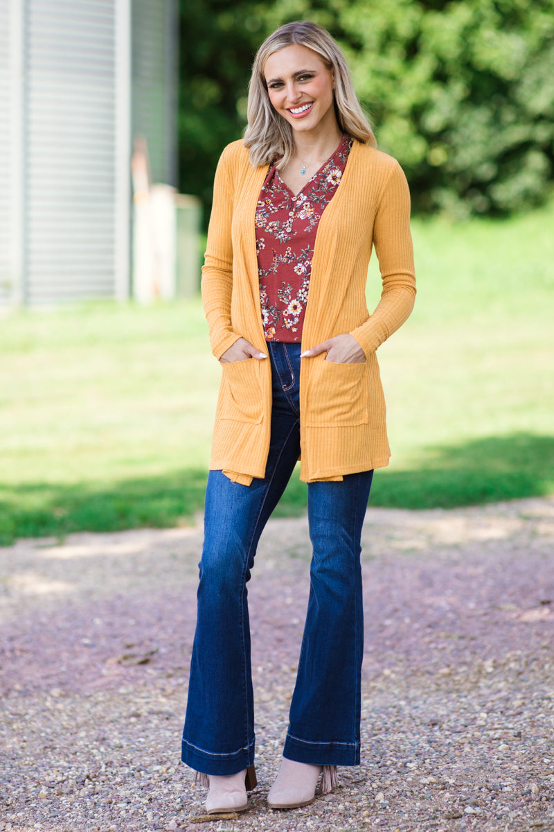 Mustard Rib Knit Cardigan With Pockets - Filly Flair
