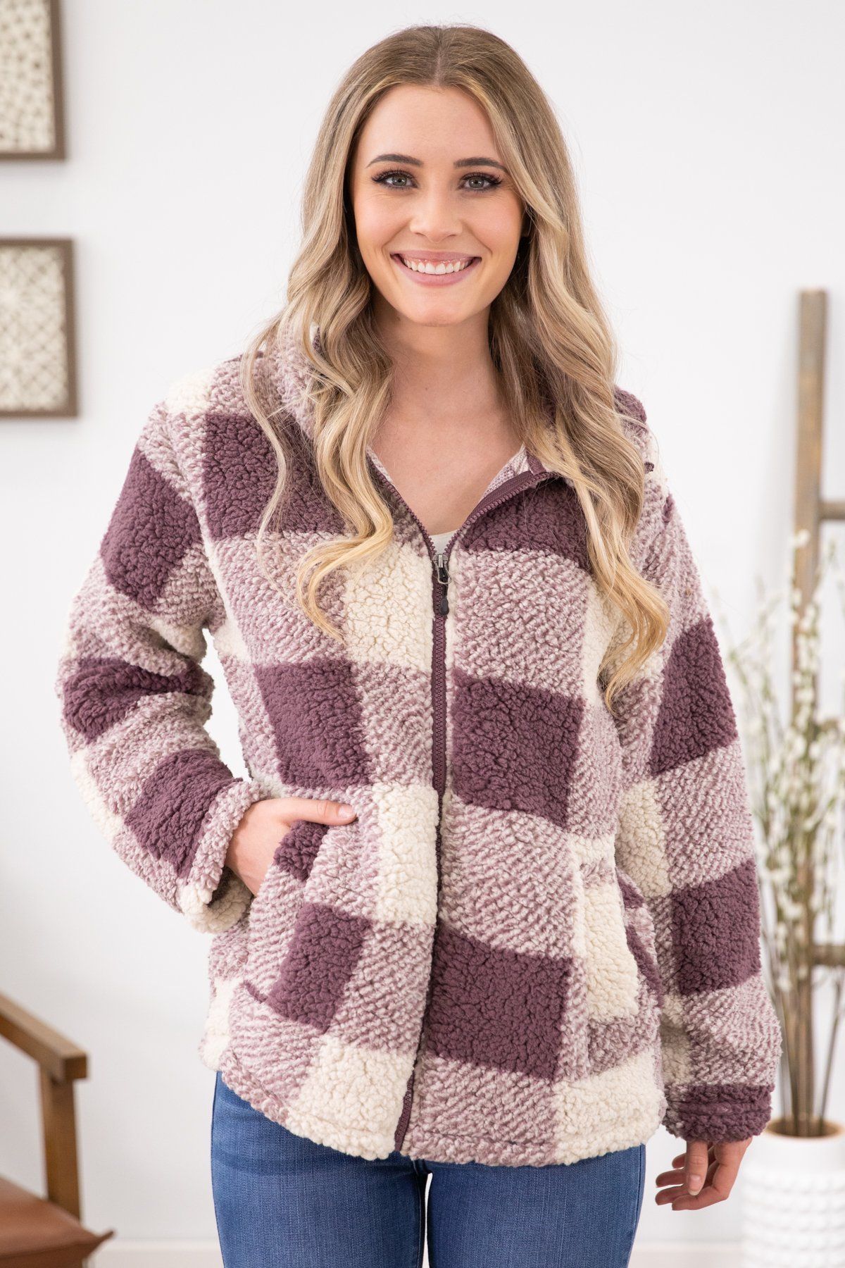 Mauve and Cream Plaid Sherpa Jacket - Filly Flair