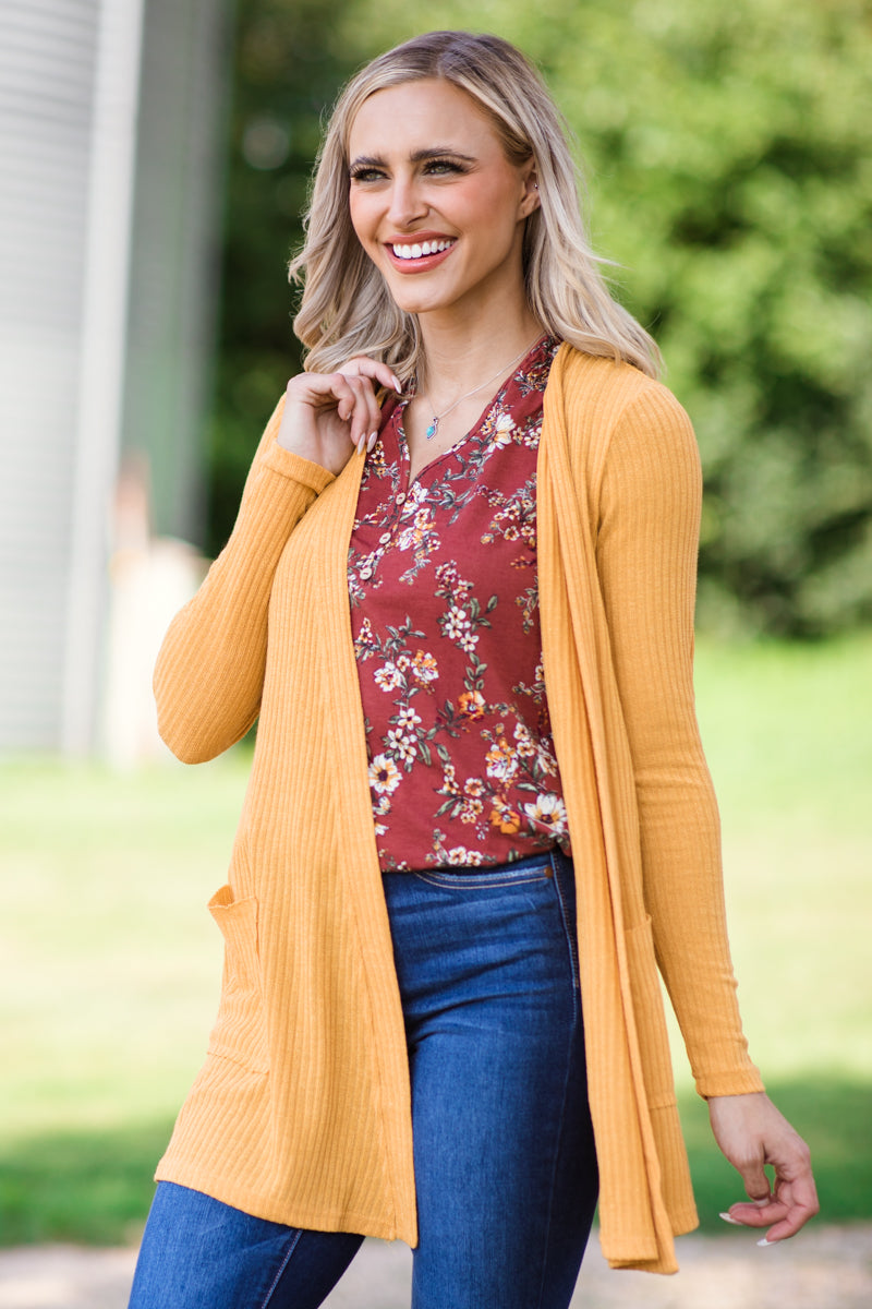 Mustard Rib Knit Cardigan With Pockets - Filly Flair