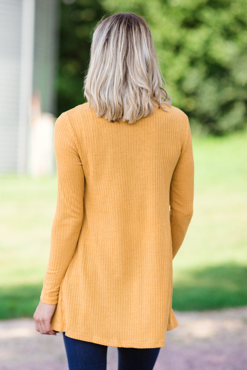 Mustard Rib Knit Cardigan With Pockets - Filly Flair