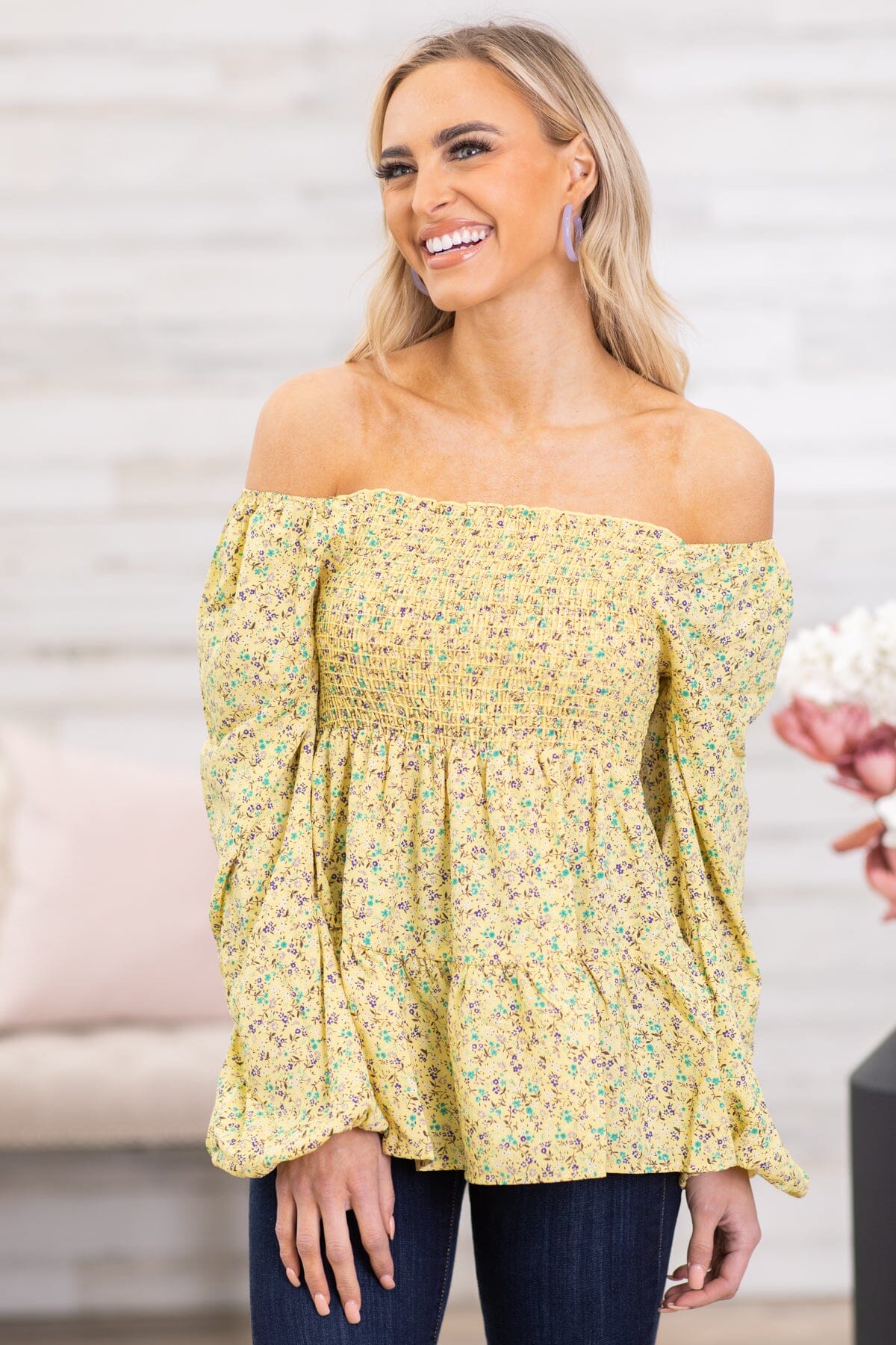 Pastel Yellow Ditsy Floral Smocked Bodice Top - Filly Flair