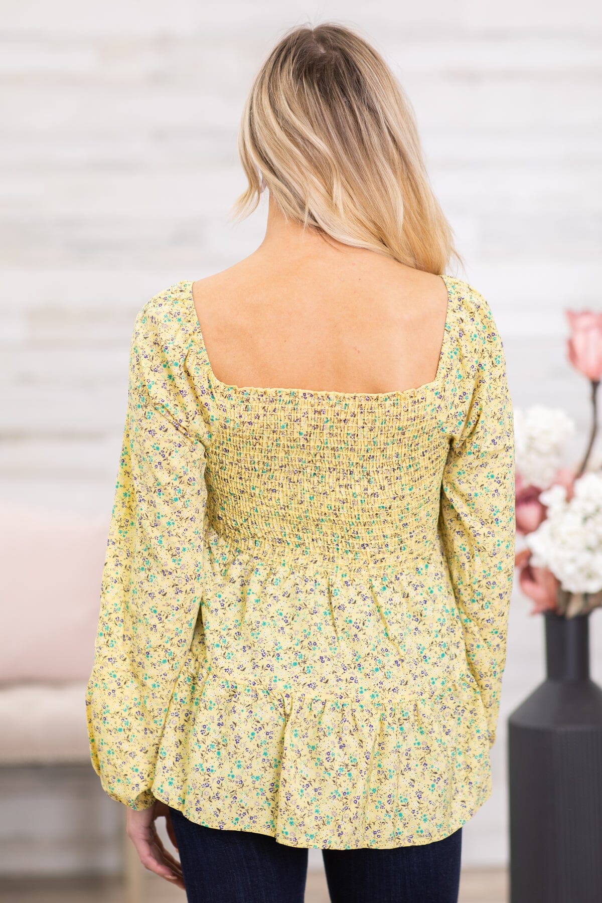 Pastel Yellow Ditsy Floral Smocked Bodice Top - Filly Flair