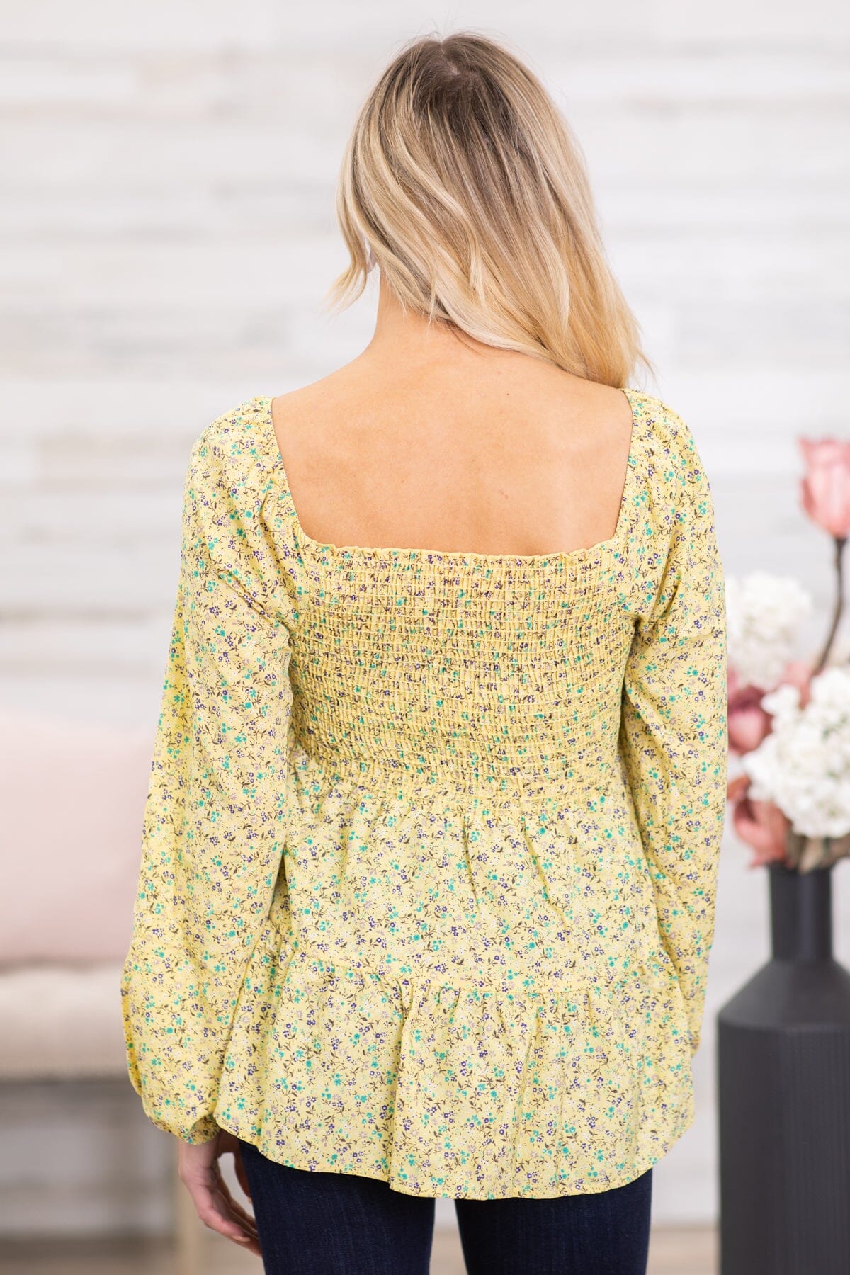 Pastel Yellow Ditsy Floral Smocked Bodice Top · Filly Flair