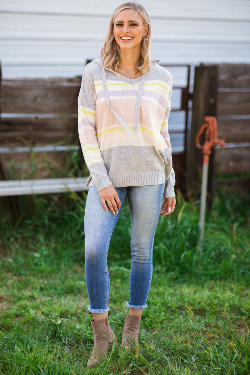 Grey and Yellow Multicolor Stripe Hoodie - Filly Flair