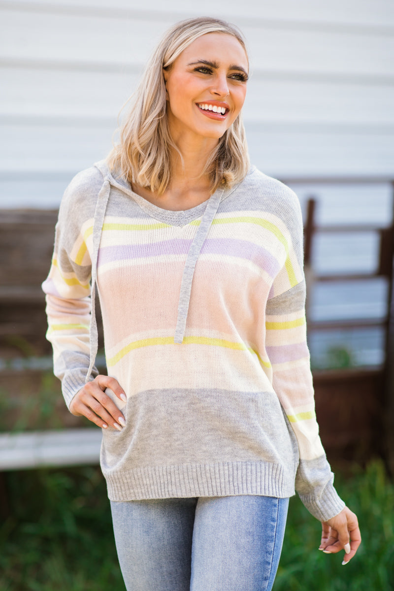 Grey and Yellow Multicolor Stripe Hoodie - Filly Flair