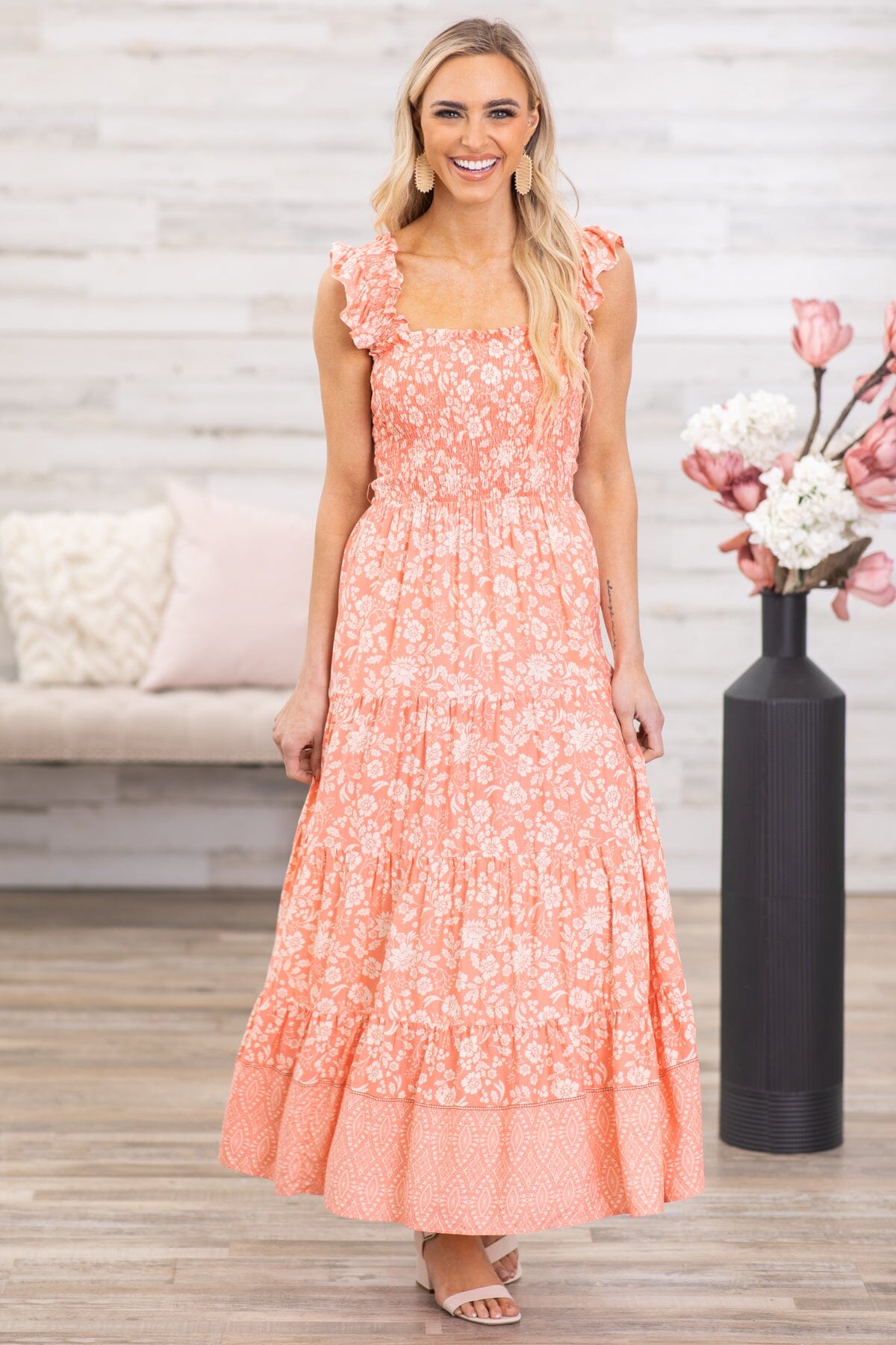 Coral and Ivory Floral Print Maxi Dress - Filly Flair