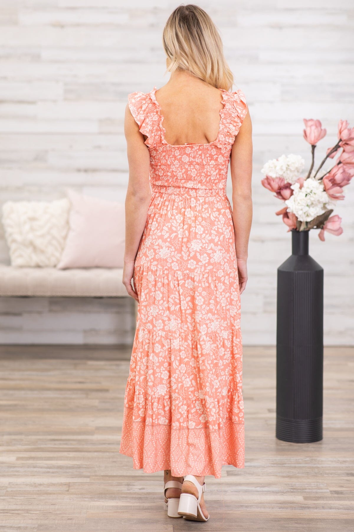 Coral and Ivory Floral Print Maxi Dress - Filly Flair