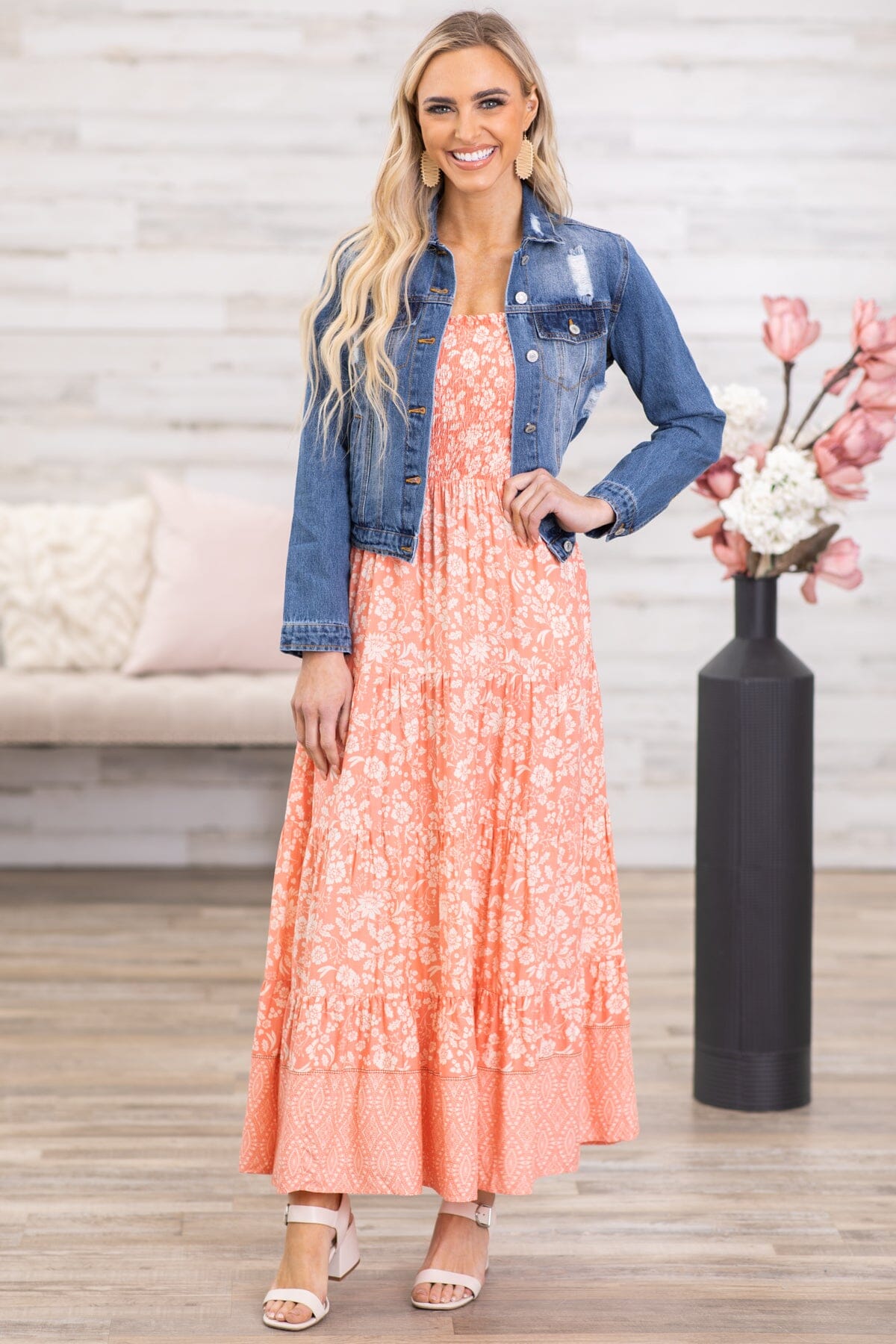 Coral and Ivory Floral Print Maxi Dress - Filly Flair