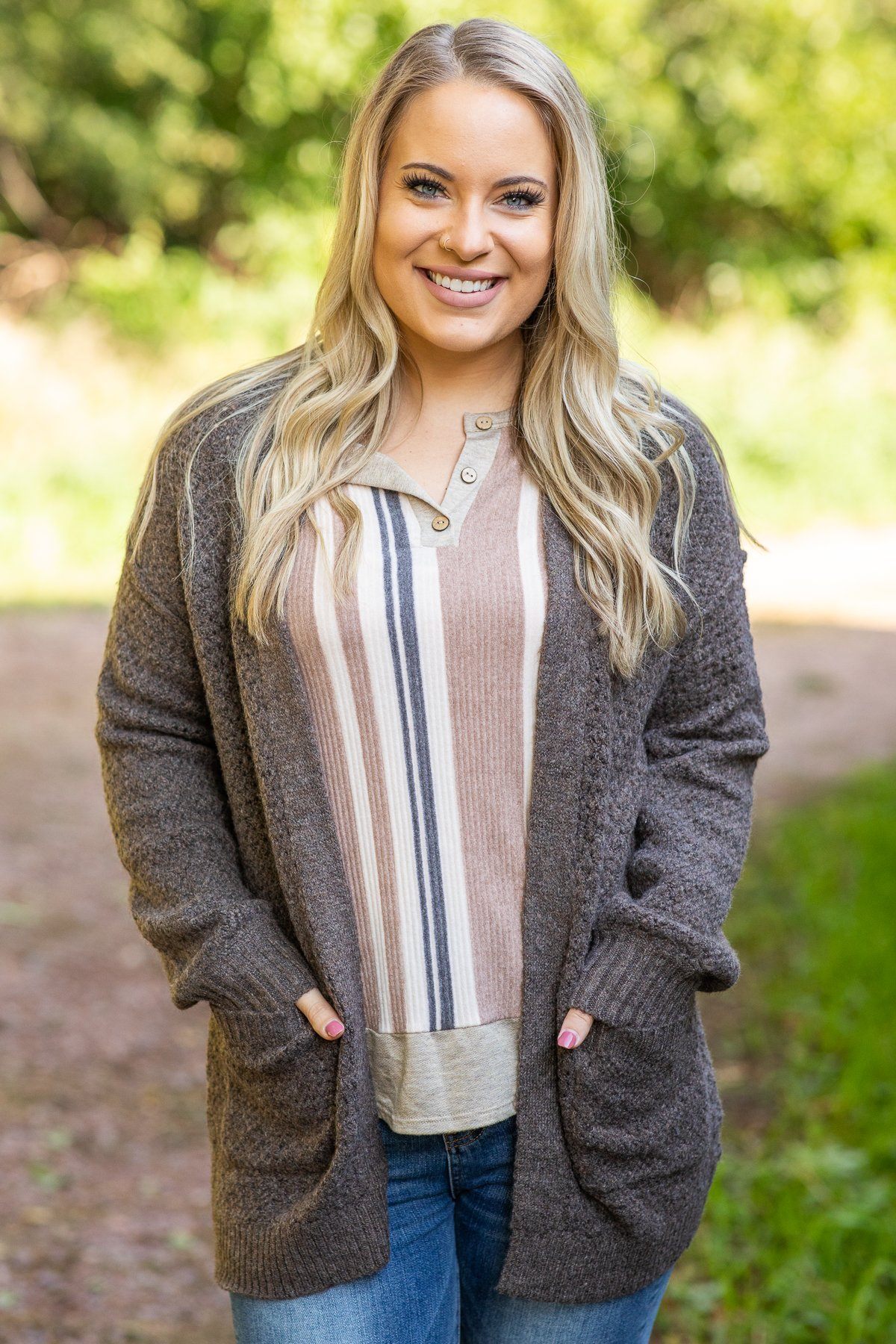 Heather Oatmeal Striped Notch Neck Top - Filly Flair