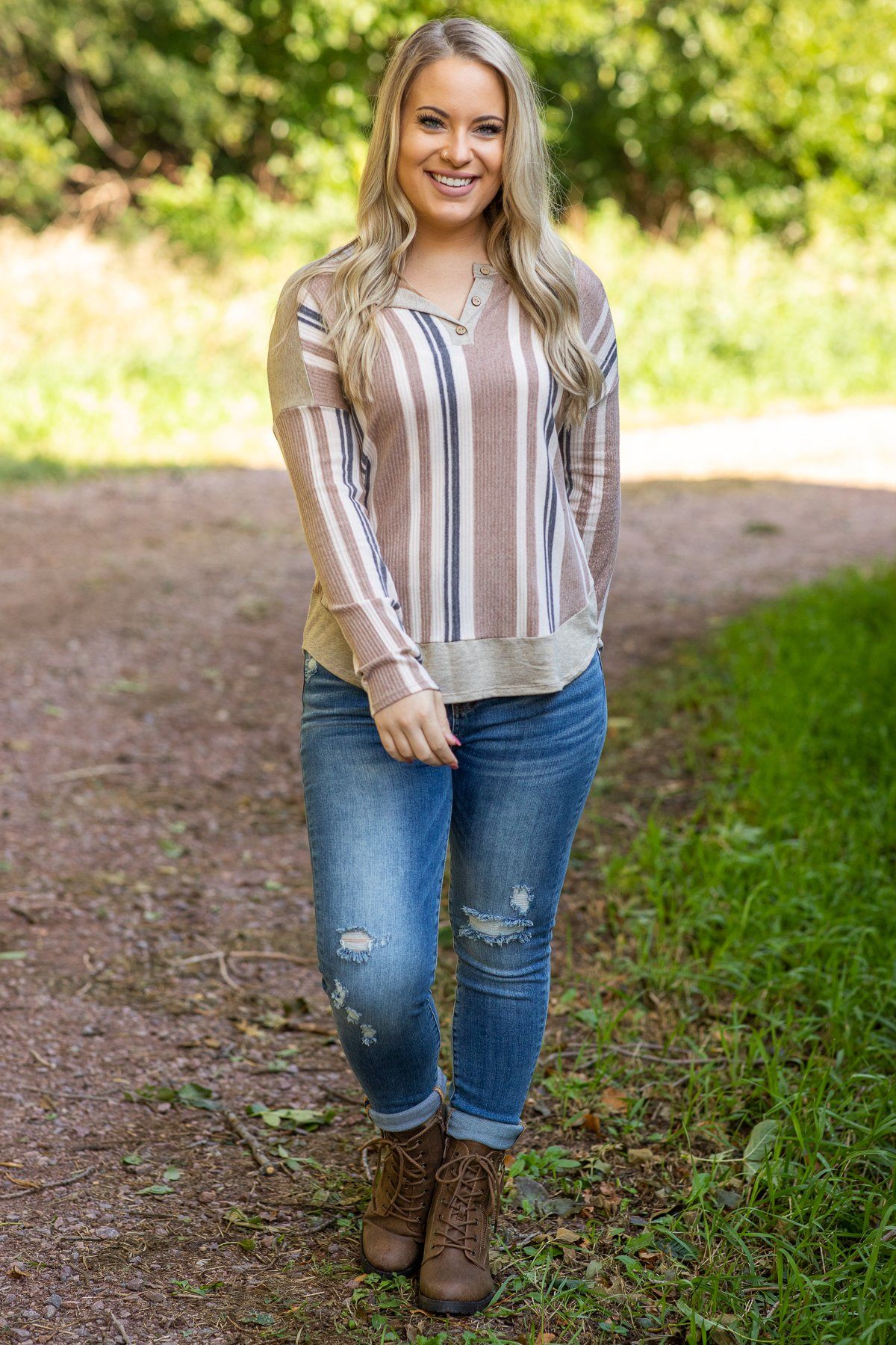 Heather Oatmeal Striped Notch Neck Top - Filly Flair