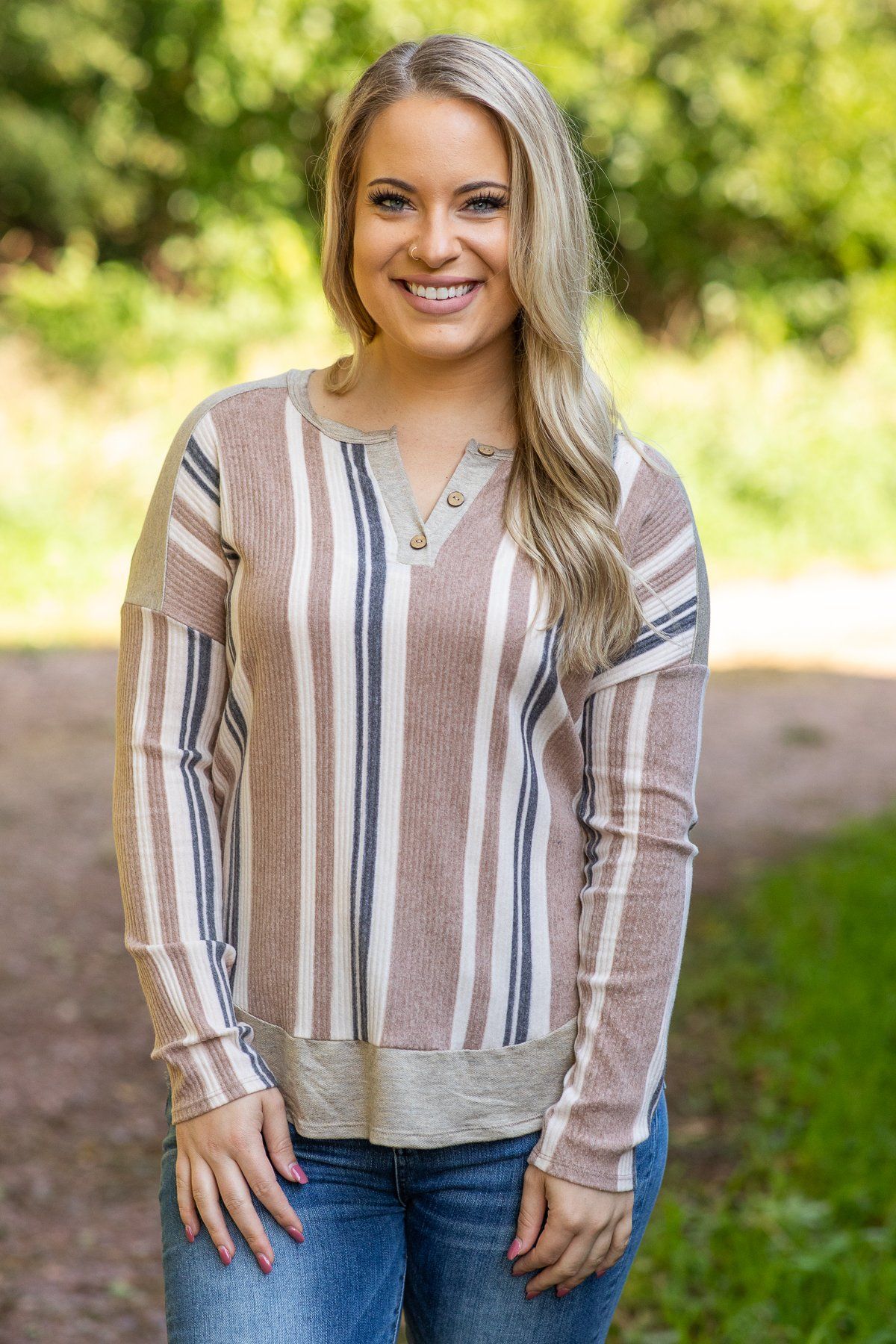 Heather Oatmeal Striped Notch Neck Top - Filly Flair