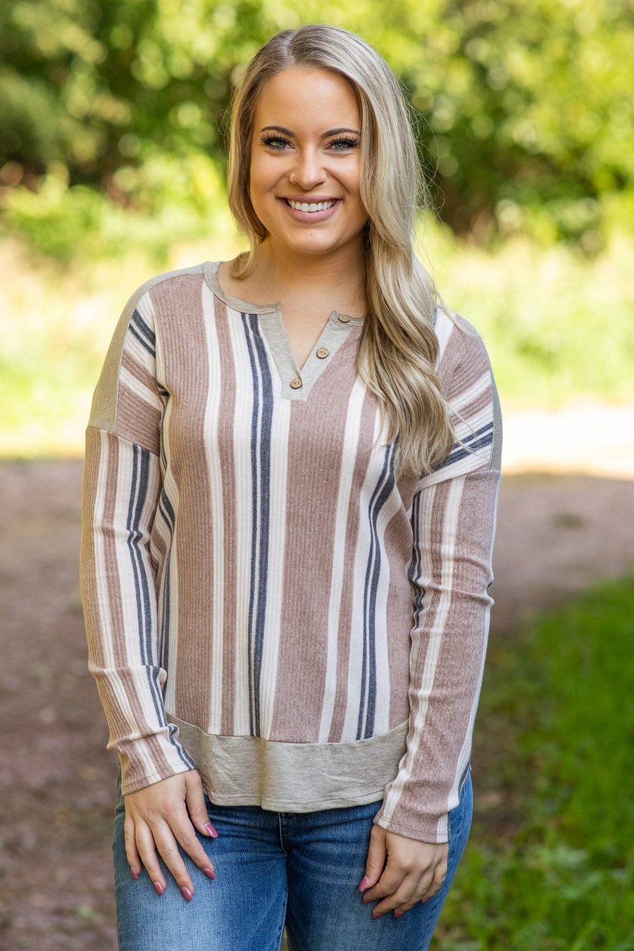 Heather Oatmeal Striped Notch Neck Top - Filly Flair