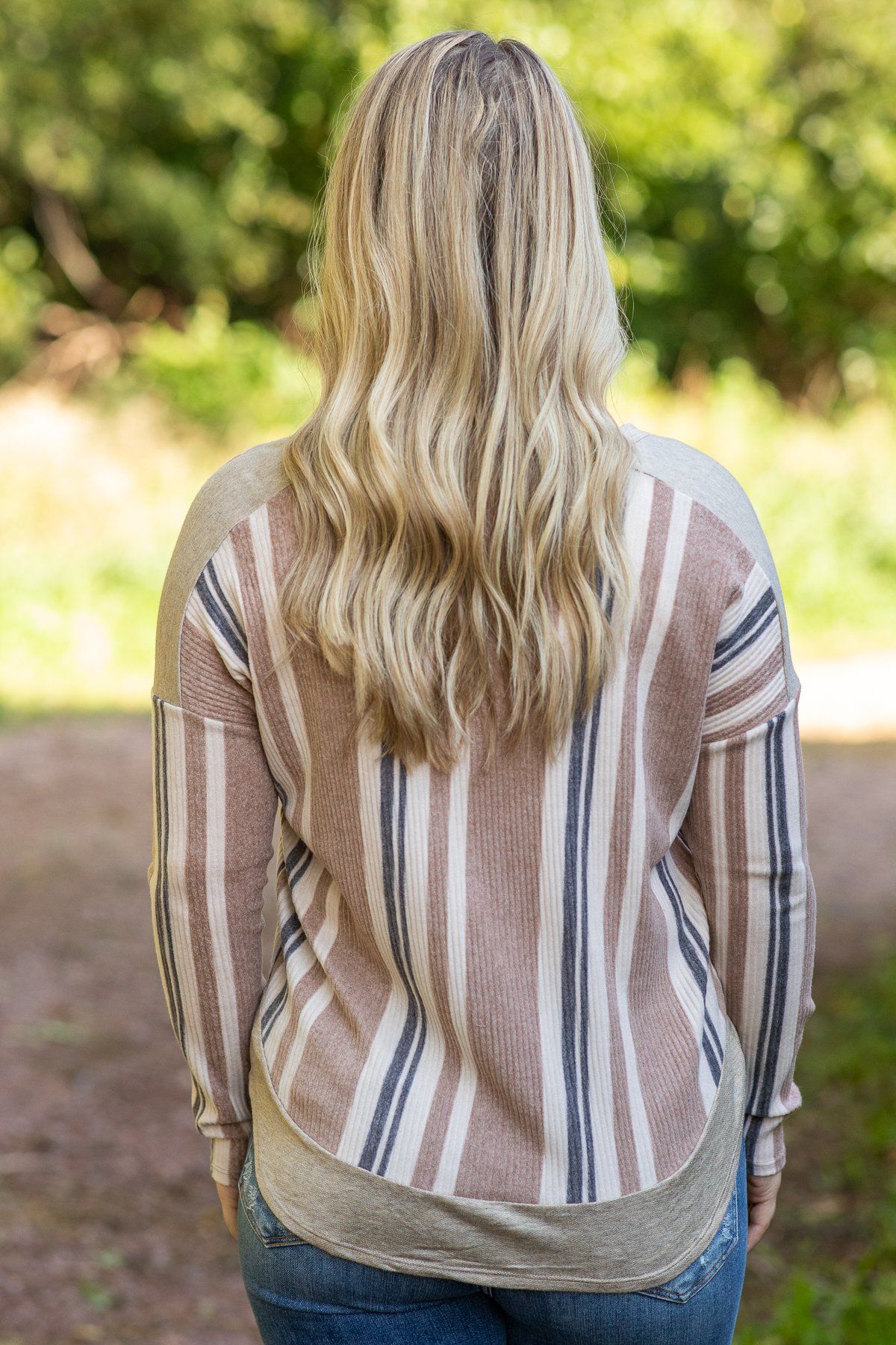 Heather Oatmeal Striped Notch Neck Top - Filly Flair