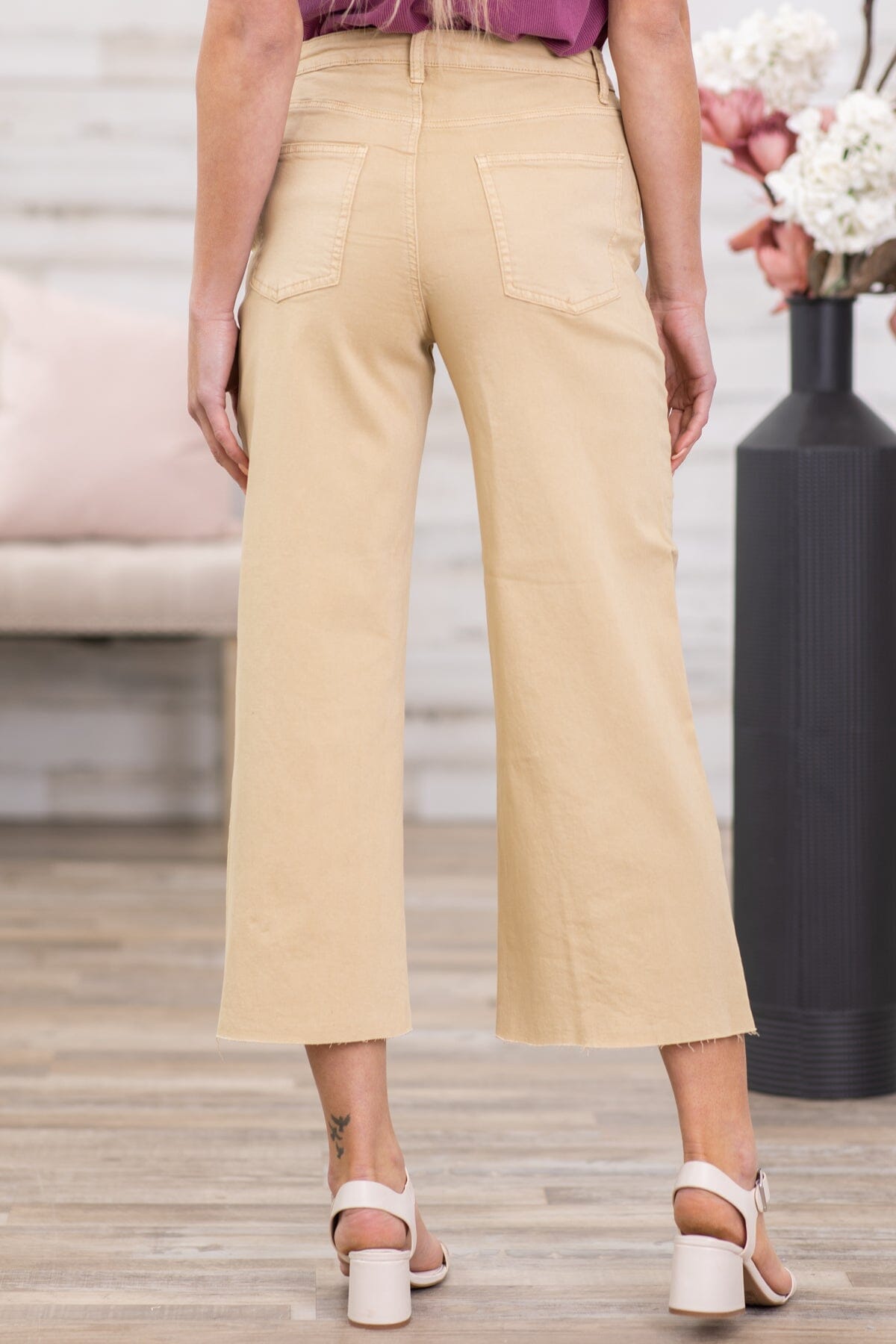 Tan Wide Leg Button Fly Trouser Pants - Filly Flair