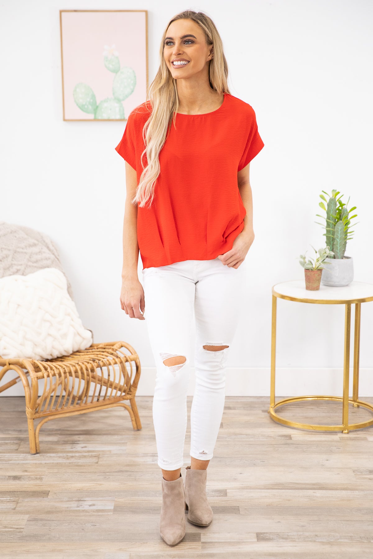 Red Gathered Front Dolman Sleeve Top - Filly Flair