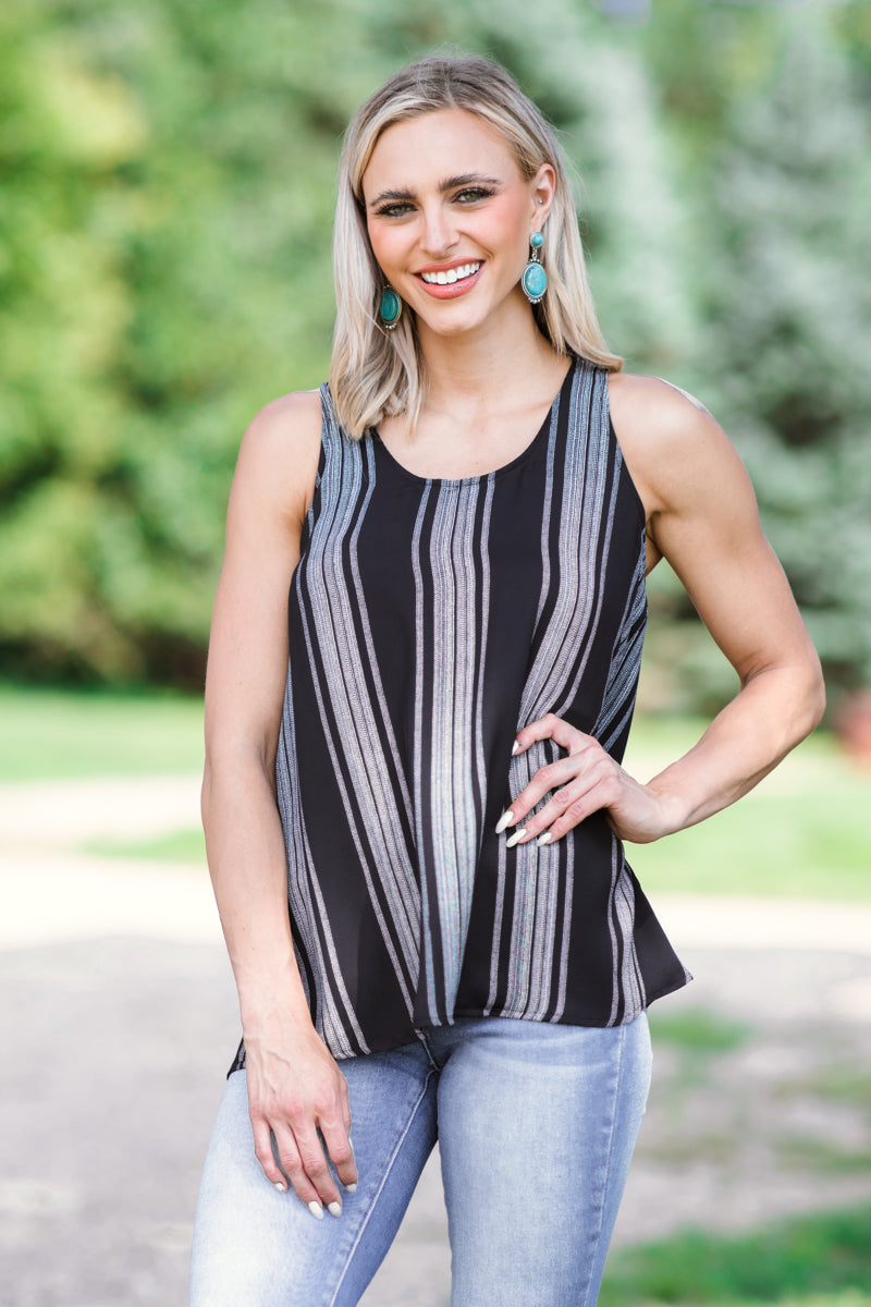 Black and Grey Stripe Criss-Cross Back Tank - Filly Flair