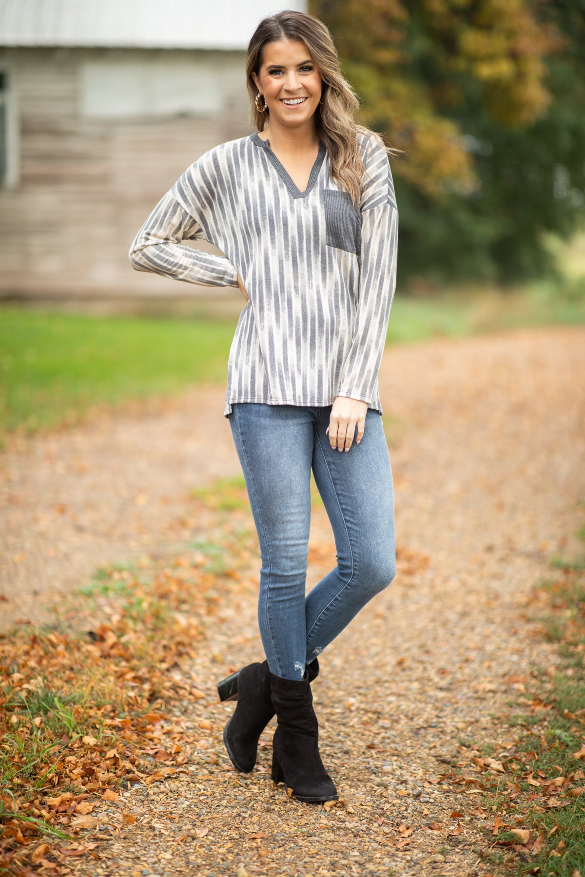 Graphite Abstract Print V-Neck Top With Pocket - Filly Flair