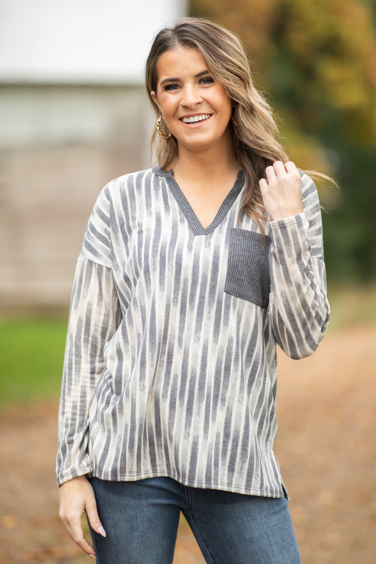 Graphite Abstract Print V-Neck Top With Pocket - Filly Flair