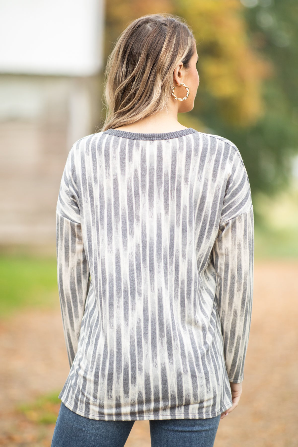 Graphite Abstract Print V-Neck Top With Pocket - Filly Flair