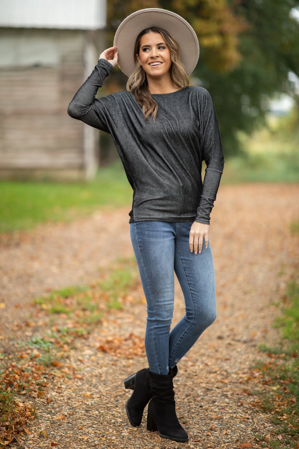 Charcoal Boatneck Dolman Sleeve Top - Filly Flair