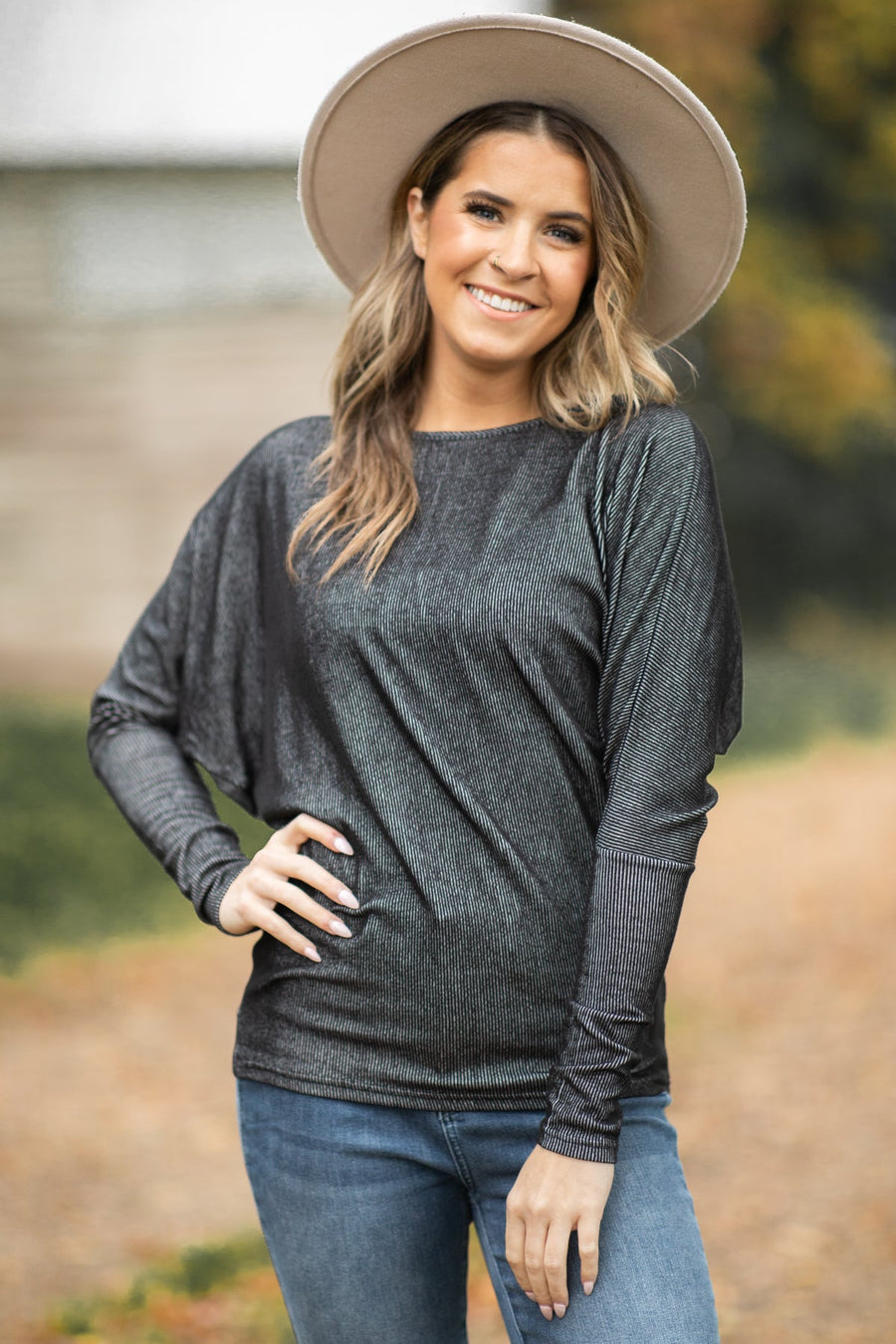 Charcoal Boatneck Dolman Sleeve Top - Filly Flair
