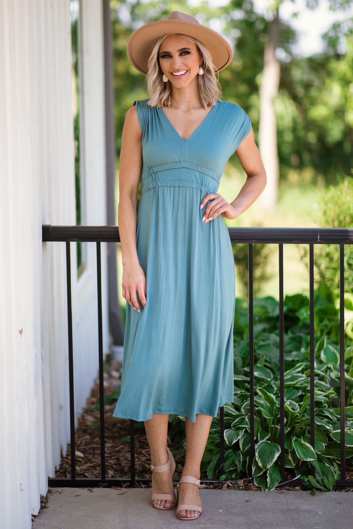 Teal Pleated Waist Detail Midi Dress - Filly Flair
