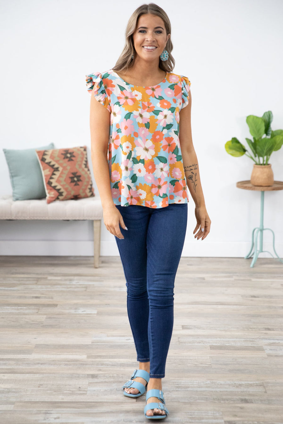 Aqua and Orange Floral Print Ruffle Sleeve Top - Filly Flair