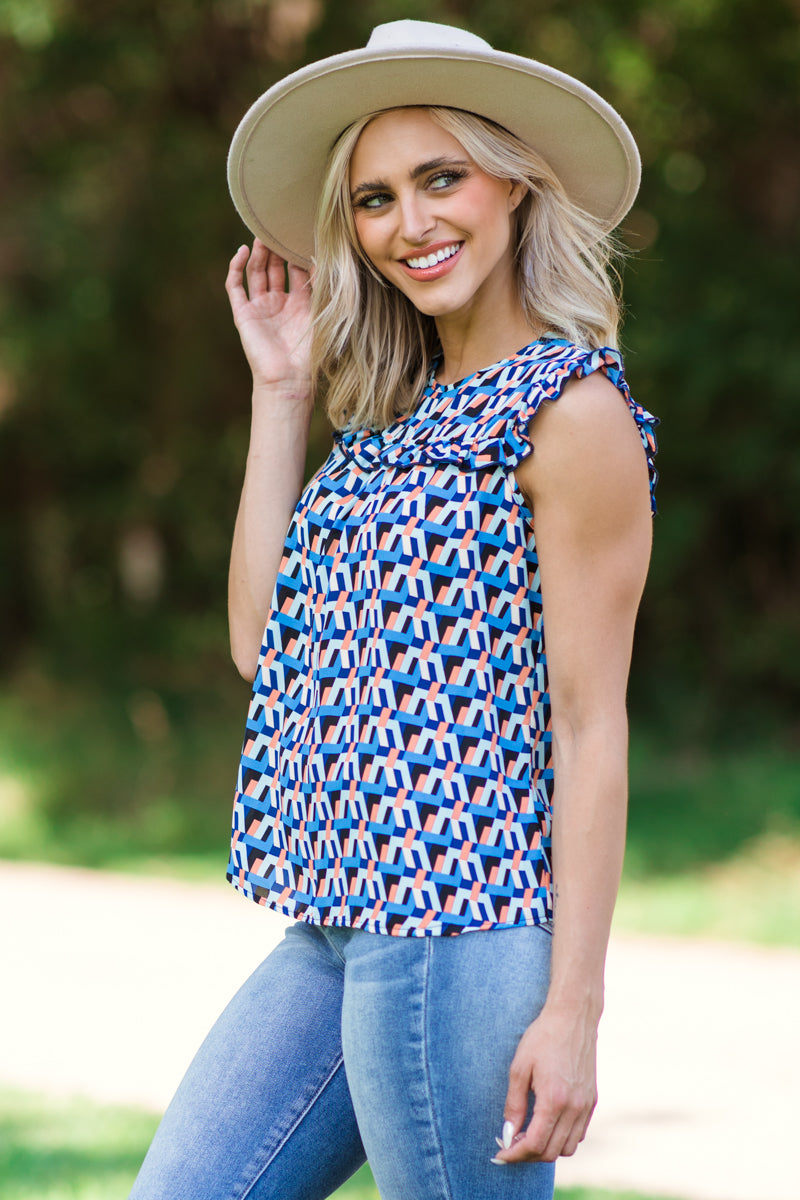 Blue Multicolor Geometric Ruffle Trim Top - Filly Flair