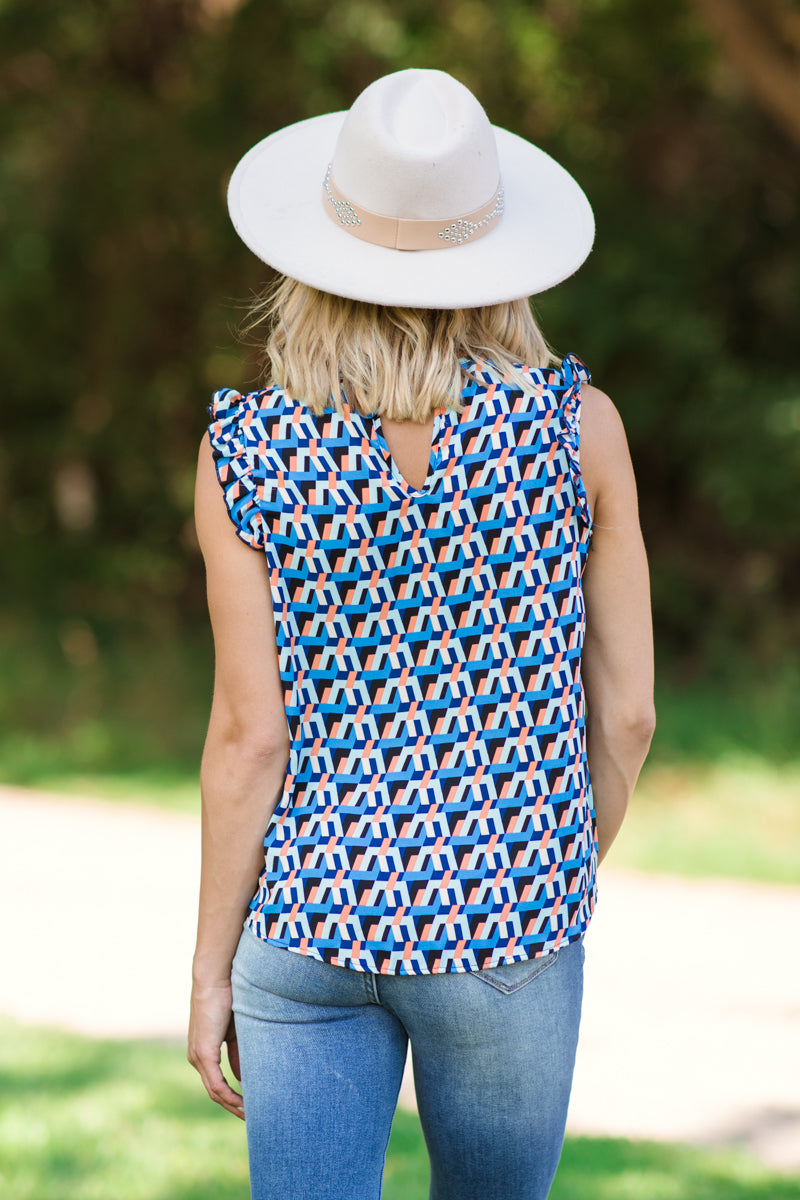 Blue Multicolor Geometric Ruffle Trim Top - Filly Flair