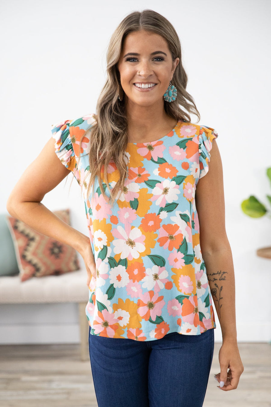 Aqua and Orange Floral Print Ruffle Sleeve Top - Filly Flair