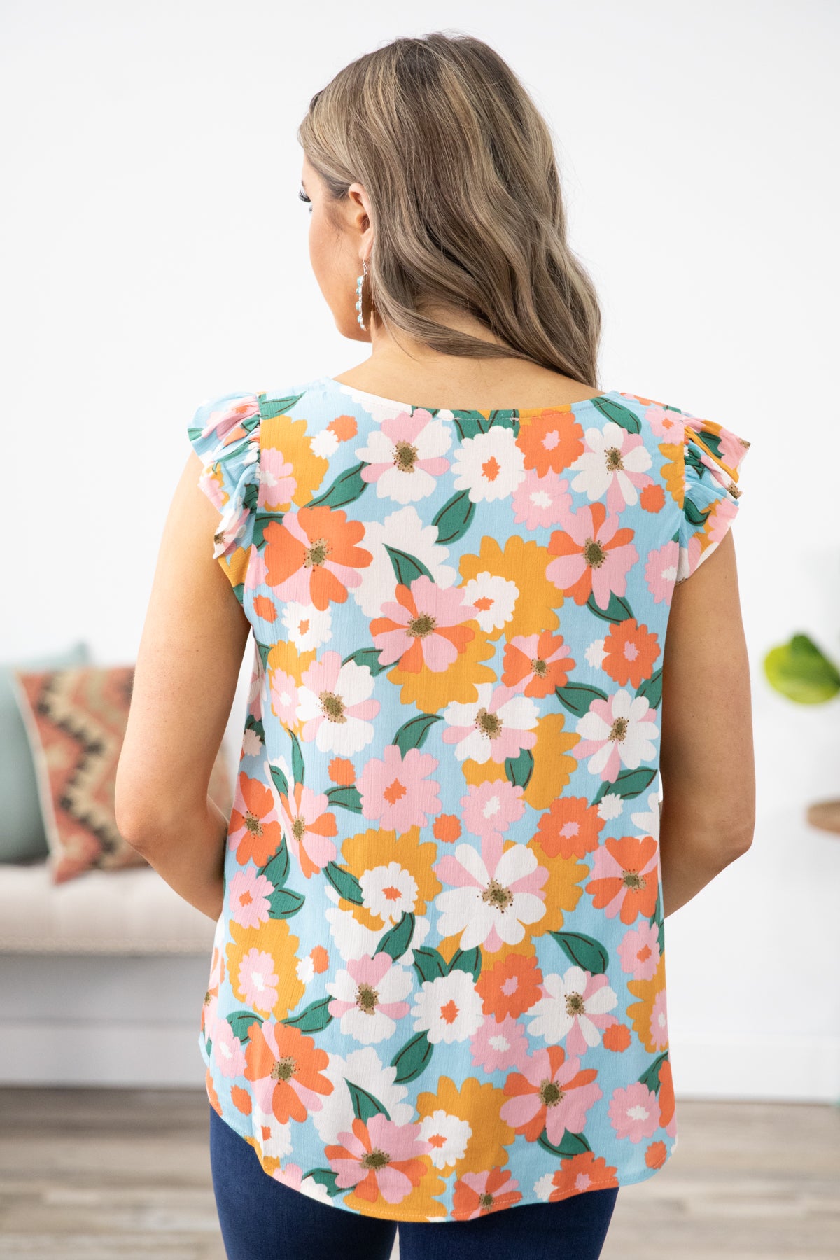 Aqua and Orange Floral Print Ruffle Sleeve Top - Filly Flair