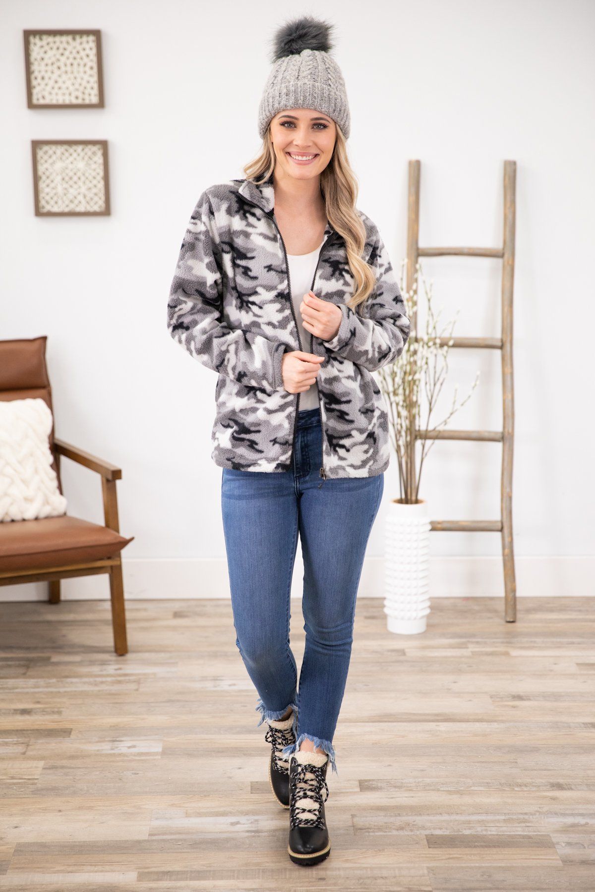 Grey Camouflage Full Zip Sherpa Jacket - Filly Flair
