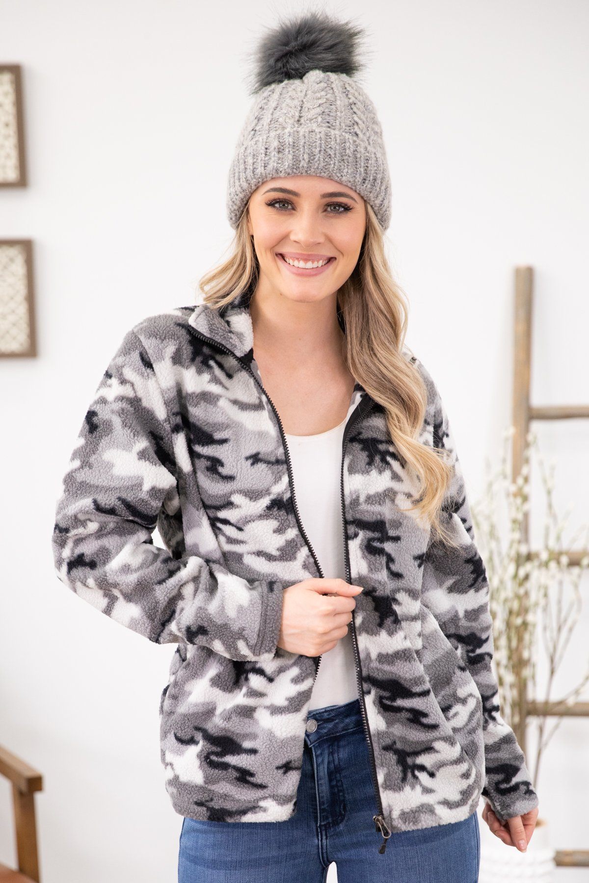 Grey Camouflage Full Zip Sherpa Jacket - Filly Flair