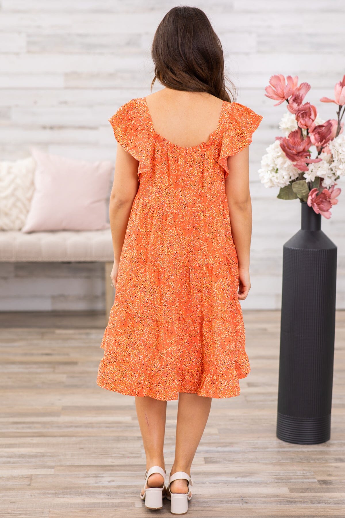Orange Flutter Sleeve Wrap V Neck Floral Lace Short Dress