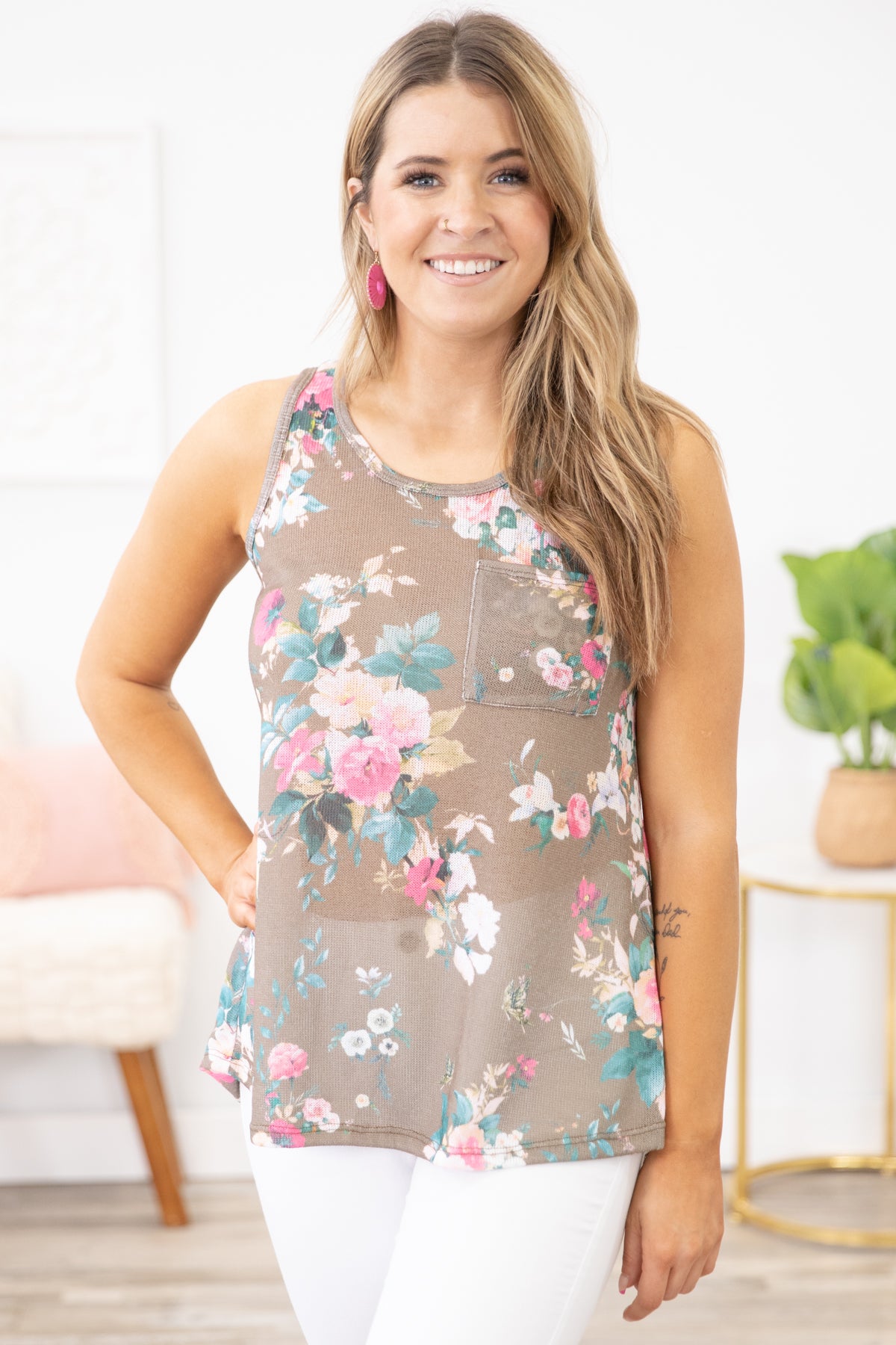 Mocha Multicolor Floral Print Tank with Pocket - Filly Flair