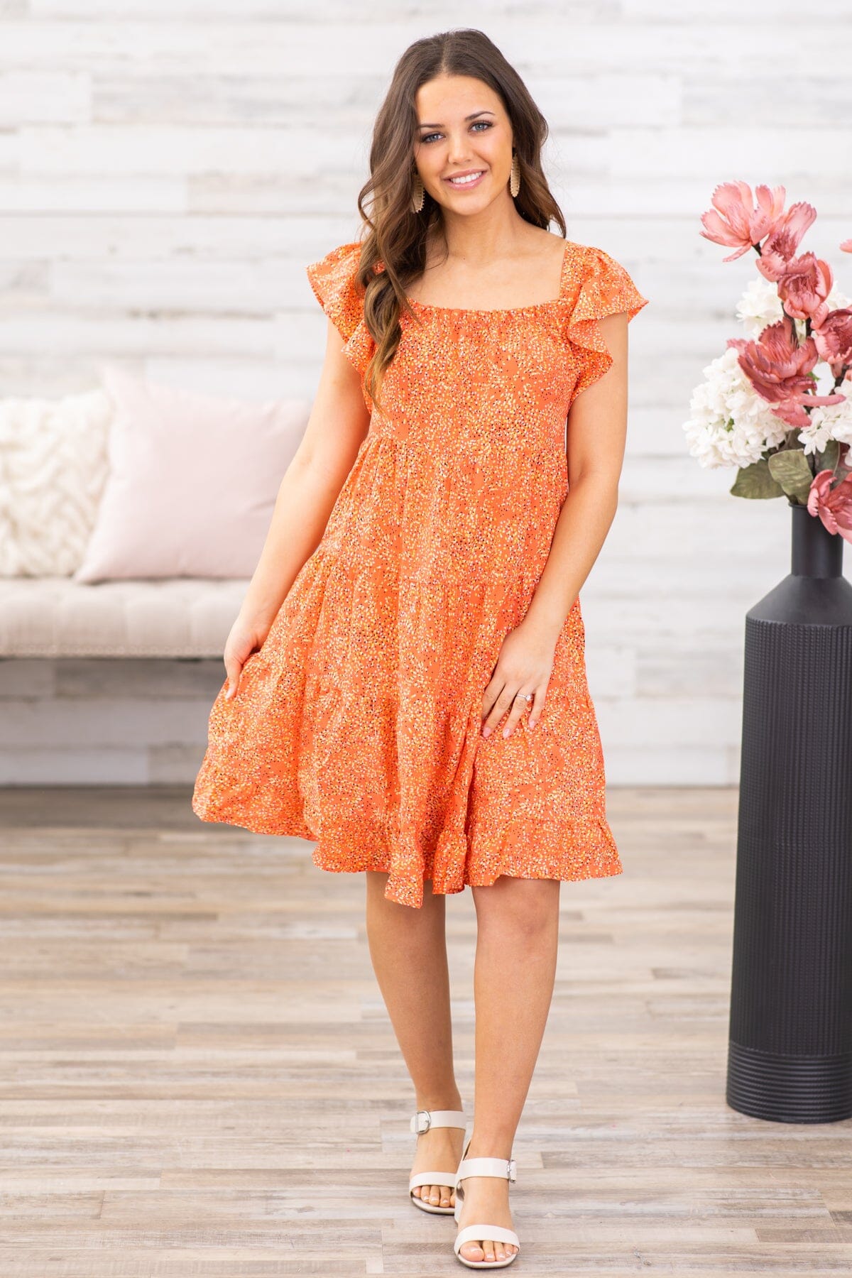 Orange Ditsy Floral Flutter Sleeve Dress - Filly Flair