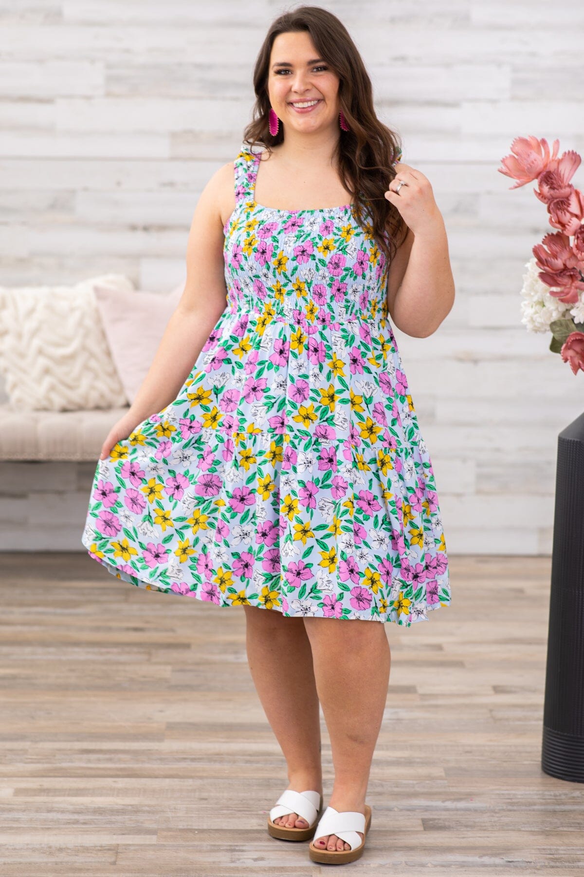 Pink Multicolor Floral Smocked Bodice Dress - Filly Flair