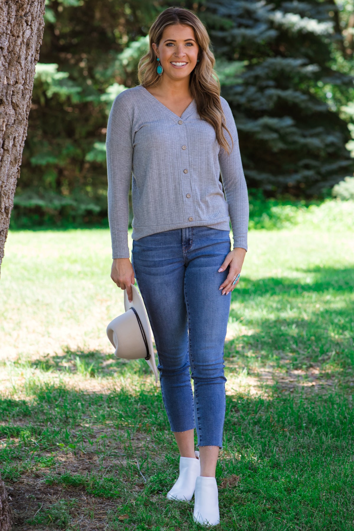 Light Grey Textured Button Detail Top - Filly Flair