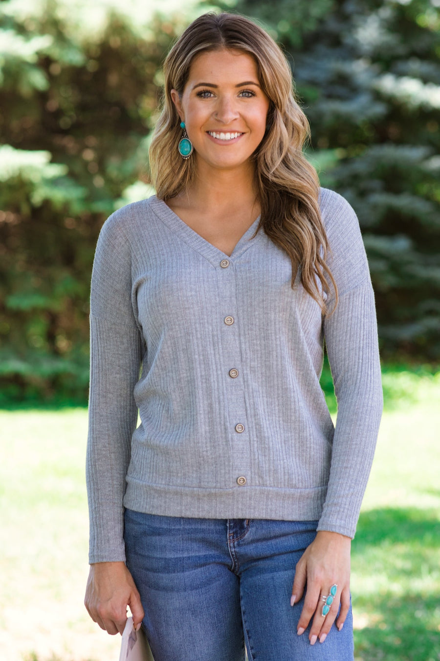 Light Grey Textured Button Detail Top - Filly Flair