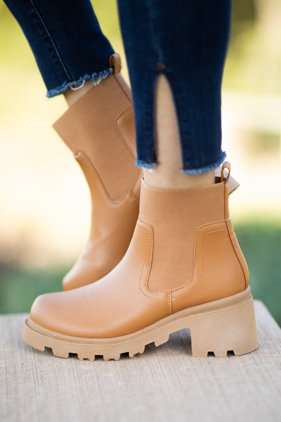 Camel and Tan Lug Sole Booties - Filly Flair