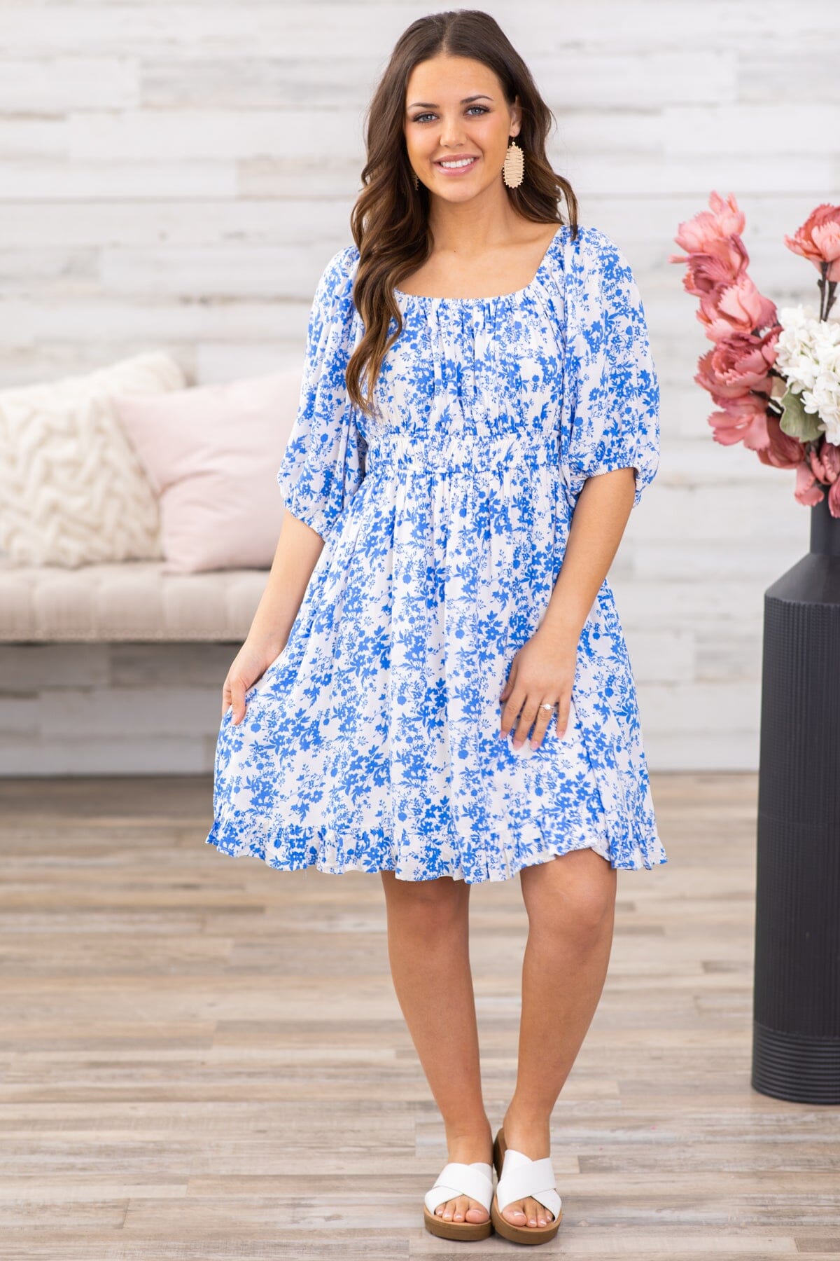 Blue and White Puff Sleeve Square Neck Dress - Filly Flair