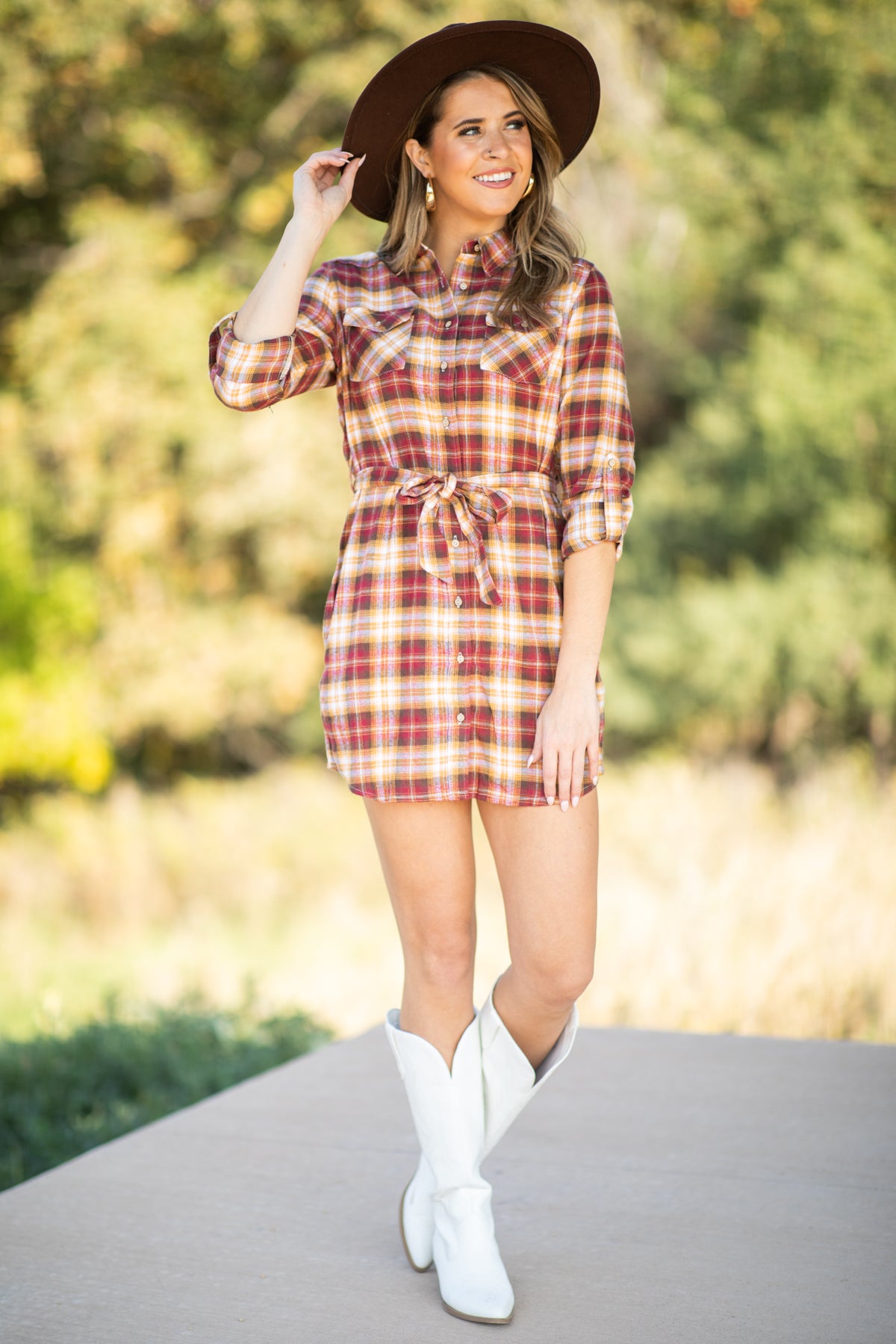 Burgundy and Copper Plaid Shirt Dress - Filly Flair