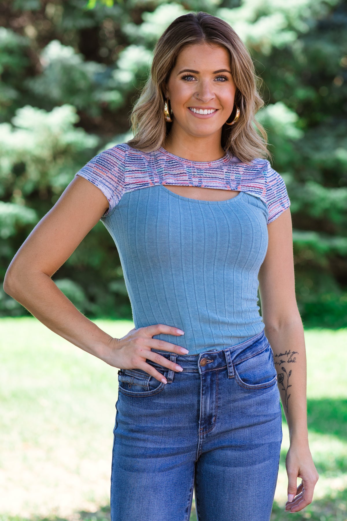 Dusty Blue Multicolor Rib Knit Top With Cutout - Filly Flair
