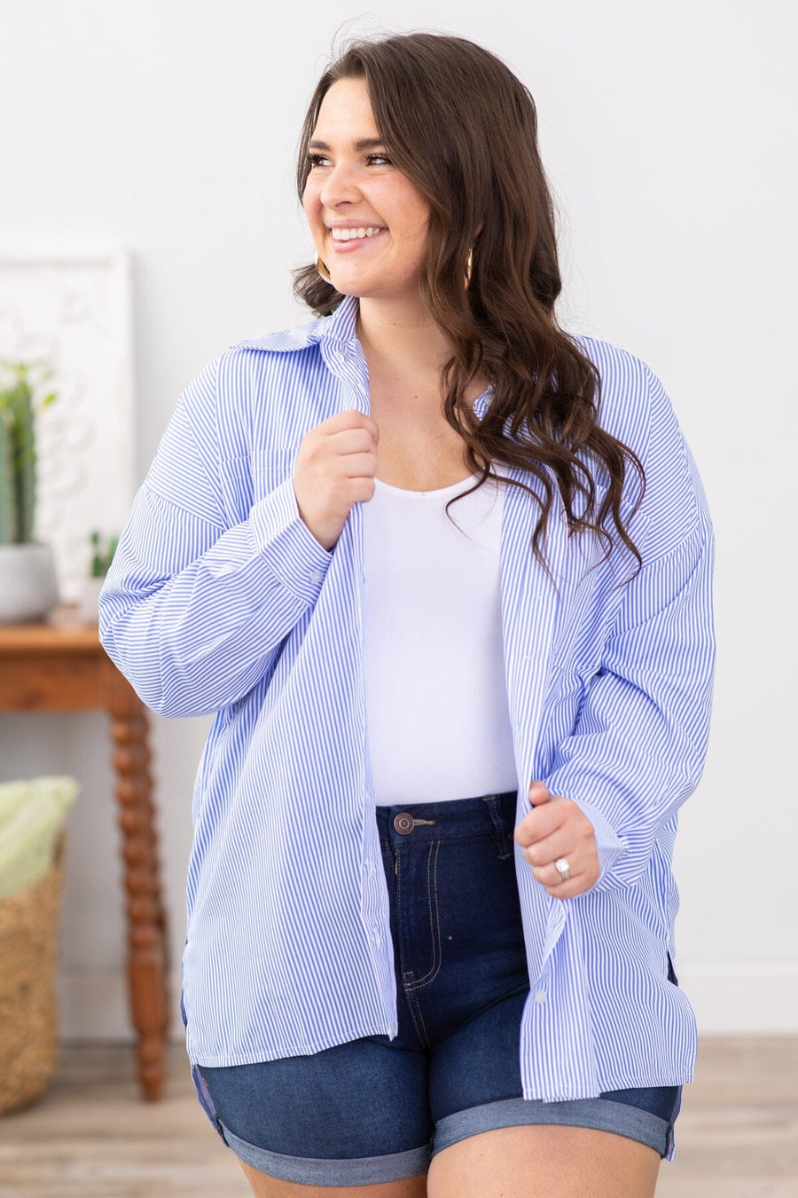Pastel Blue and White Pinstripe Button Up Top - Filly Flair