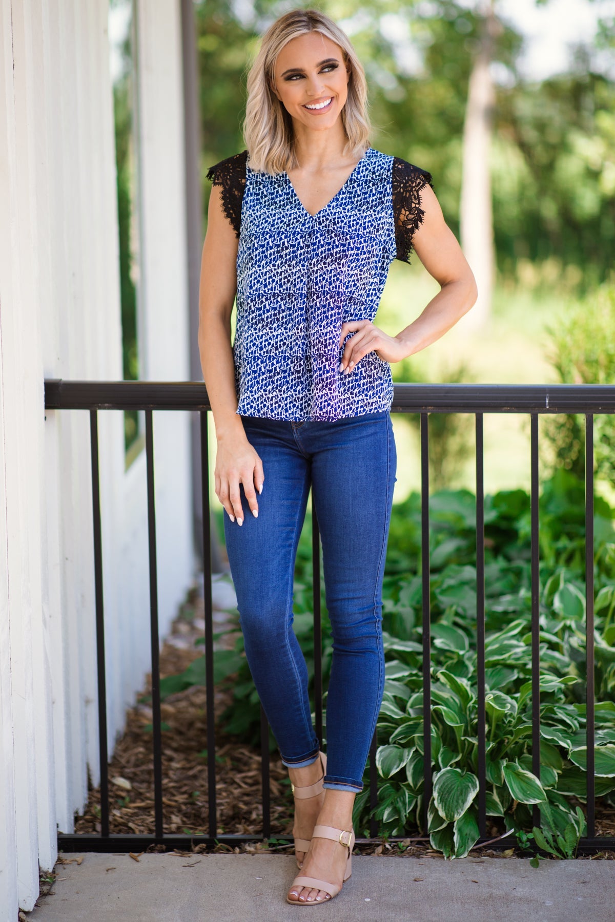 Blue Abstract Print Crochet Trim Top - Filly Flair